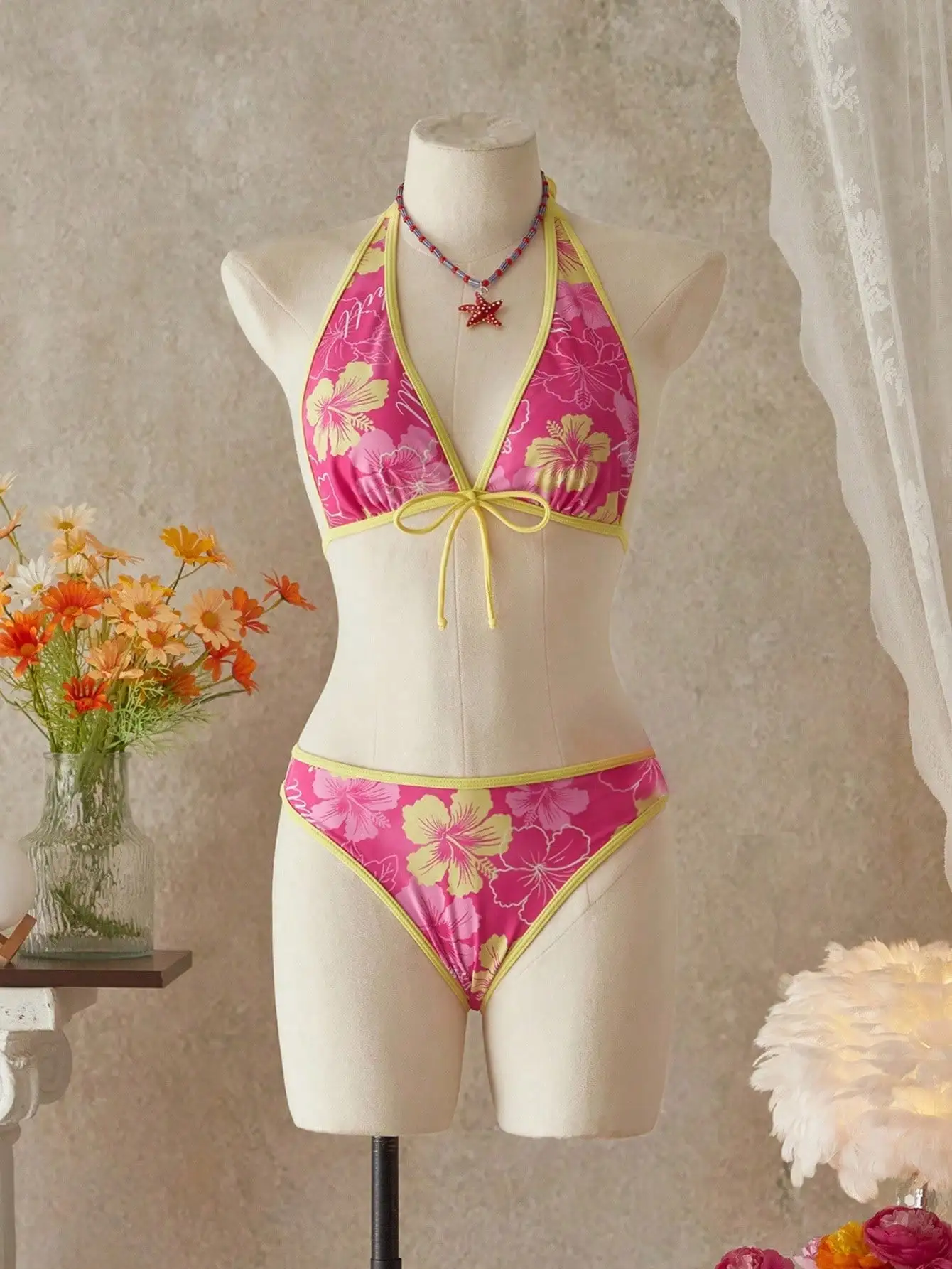

Vibrant Hibiscus Print Halter Neck Bikini With Matching Skirt For Summer Beach And Festival Wear