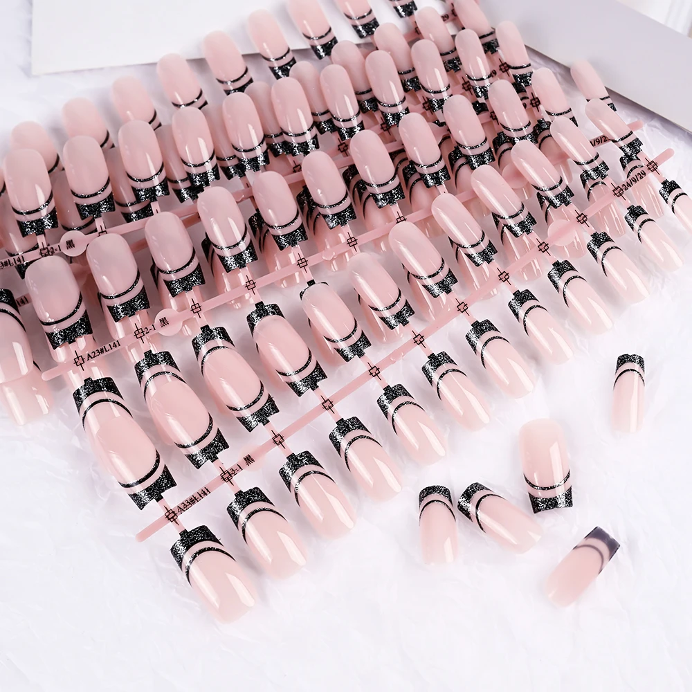 120pcs Glitter Black French Press On Nails Pink Long Square Fake Nails 3 in 1 Tips Glossy Full Cover False Tips Y2K Nail Tools