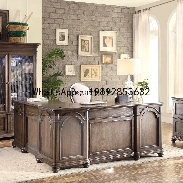 Europejskie biurko narożne w stylu retro, stare, z dębu, amerykańskie, z litego drewna.