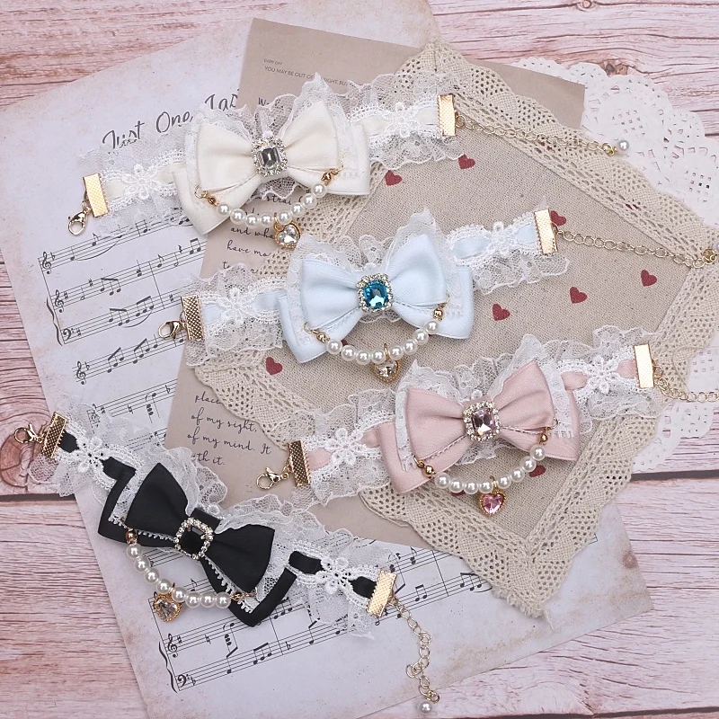 Lush Ribbon Bow Lace Handmade Bracelet and Choker Women's Ornament Beaded Bow Necklace Sweet Cute Lolita Accessories for Woman