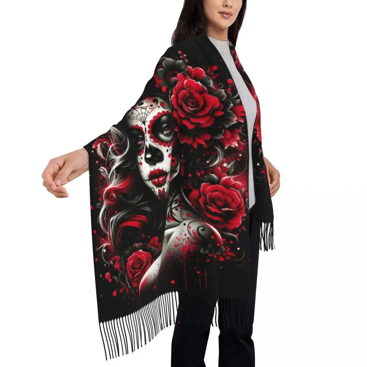 Custom Mexican Catrina Sugar Skull Tattoo Tassel Scarf Women Winter Warm Shawls Wraps Lady Scarves