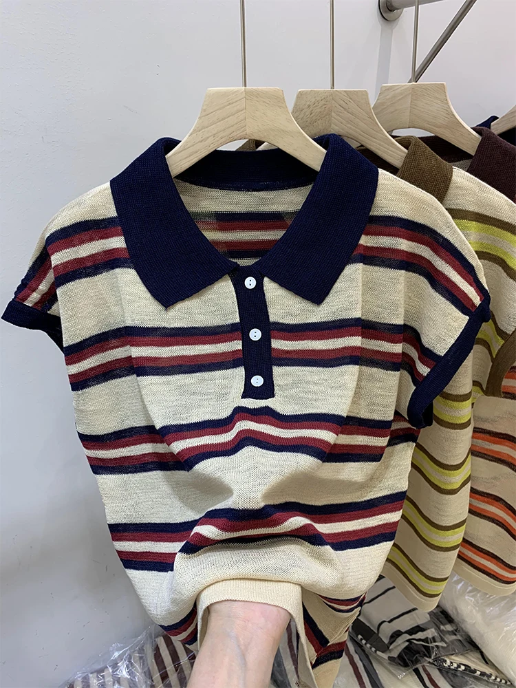 Rayas adelgazantes Color Blo ort Sve Ice Silk Thin Top Mujer Verano Ne Jersey No Sve Parte superior del cuerpo Faionable B...