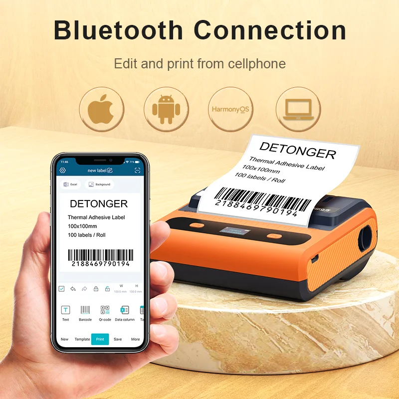 DETONGER DP40S 4inch 28~122mm Wireless Portable Label Printer No Need Ink Barcode Label Mark