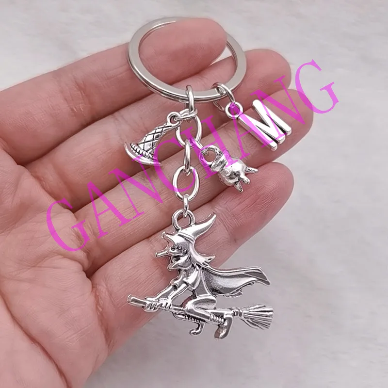 Fashion Witch Key Chain Wizard Keychain witch hat Charm key ring  Letters A-Z Keychain Witch Broomstick Halloween Gift