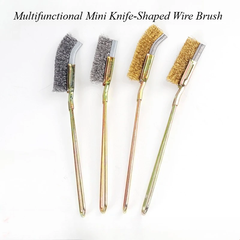 Stainless Steel Mini Wire Brush Set with Curved Handle Copper Steel Bristles for Rust Removal Cleaning Welding Slag DIY Tool