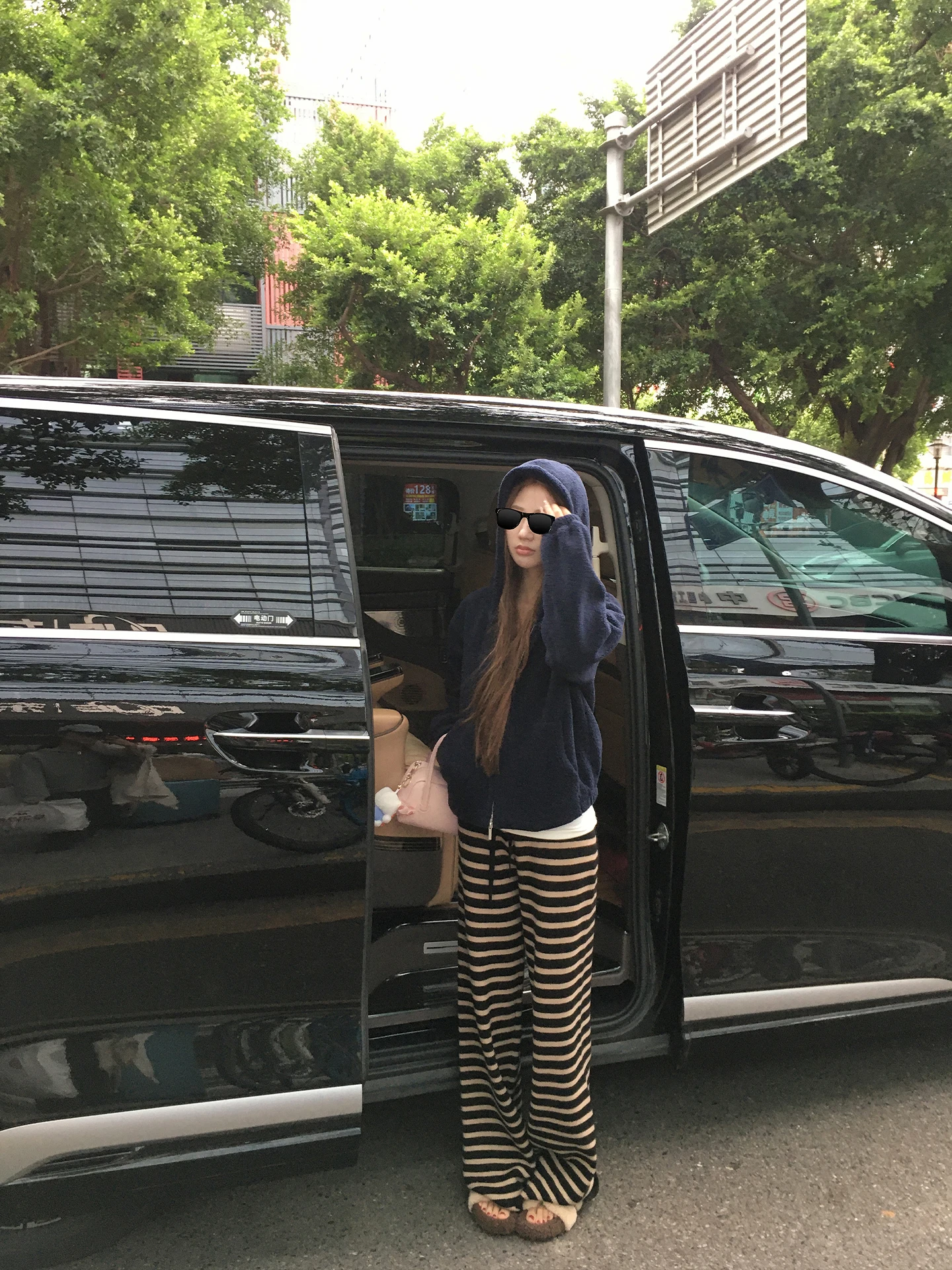 

Winter Casual Fce Lined Wide Leg Pants Women's High Waist Straight Cut Trousers Commute Sle Korean Simple Striped Design