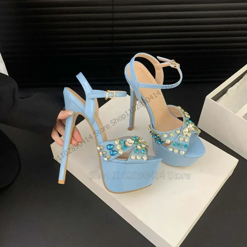 

Sky Blue Crystal Decor Peep Toe Platform Sandals Ankle Buckle Strap Women Shoes Thin High Heels Fashion 2023 Zapatos Para Mujere