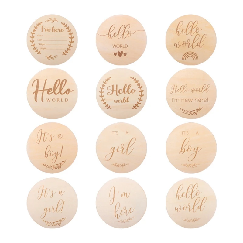 12 Pcs/Set Baby Wooden Cards Newborn Memorial Cards Monthly Recording Birth Card