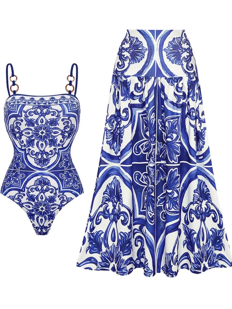 Retro Bikini Printed Fashion Two Piece Swimsuit And Cover Up With Skirt Tight Women's Bandage Summer Beach Luxury Elegant