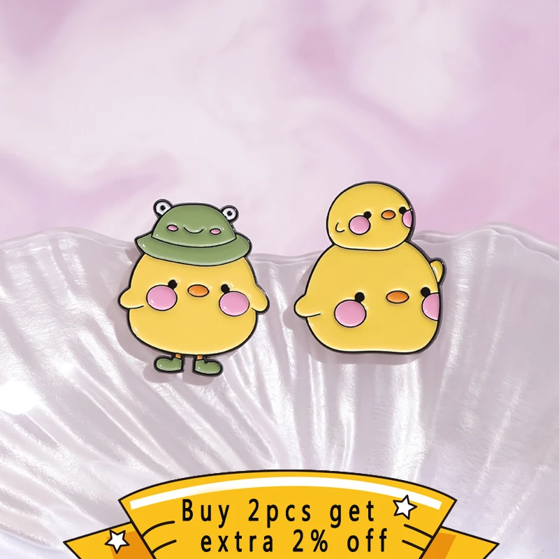 Frog Hat Yellow Duck Enamel Pins Cute Duckling Wearing Hat Brooches Lapel Badges Kawaii Animal Jewelry Gift For Kid Friends ﻿