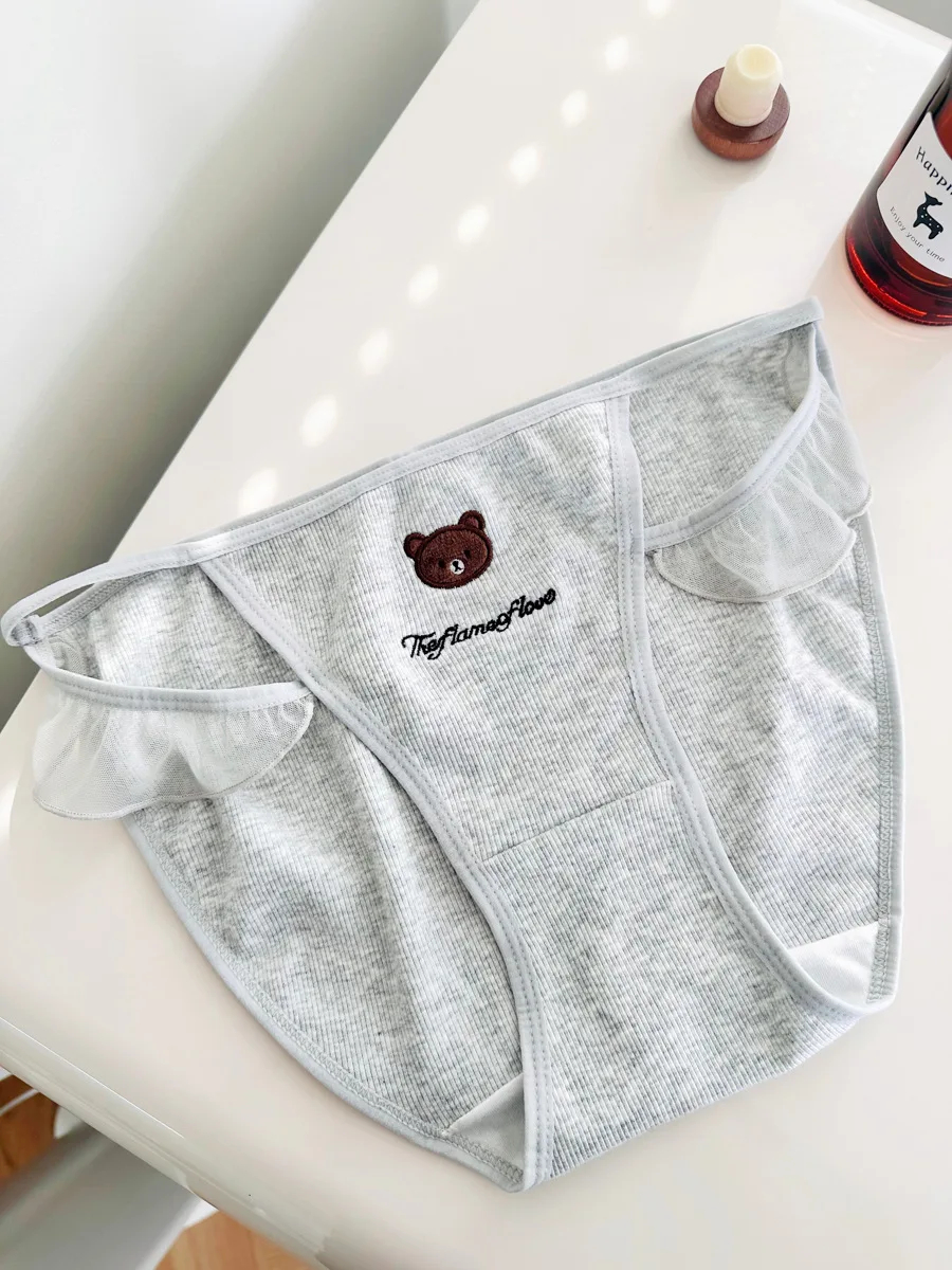 Cute Embroidered Genki Bear Letter High Slit Panties With Flying Edge Cute Light Tulle Girl Briefs