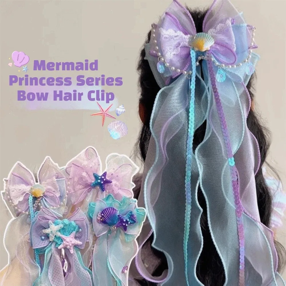 Fairy Sweet Mermaid Bow Hair Clip Starfish Seashell Organza Ribbon Hair Barrette Tassel Lace Hairpin Ocean-Themed Party
