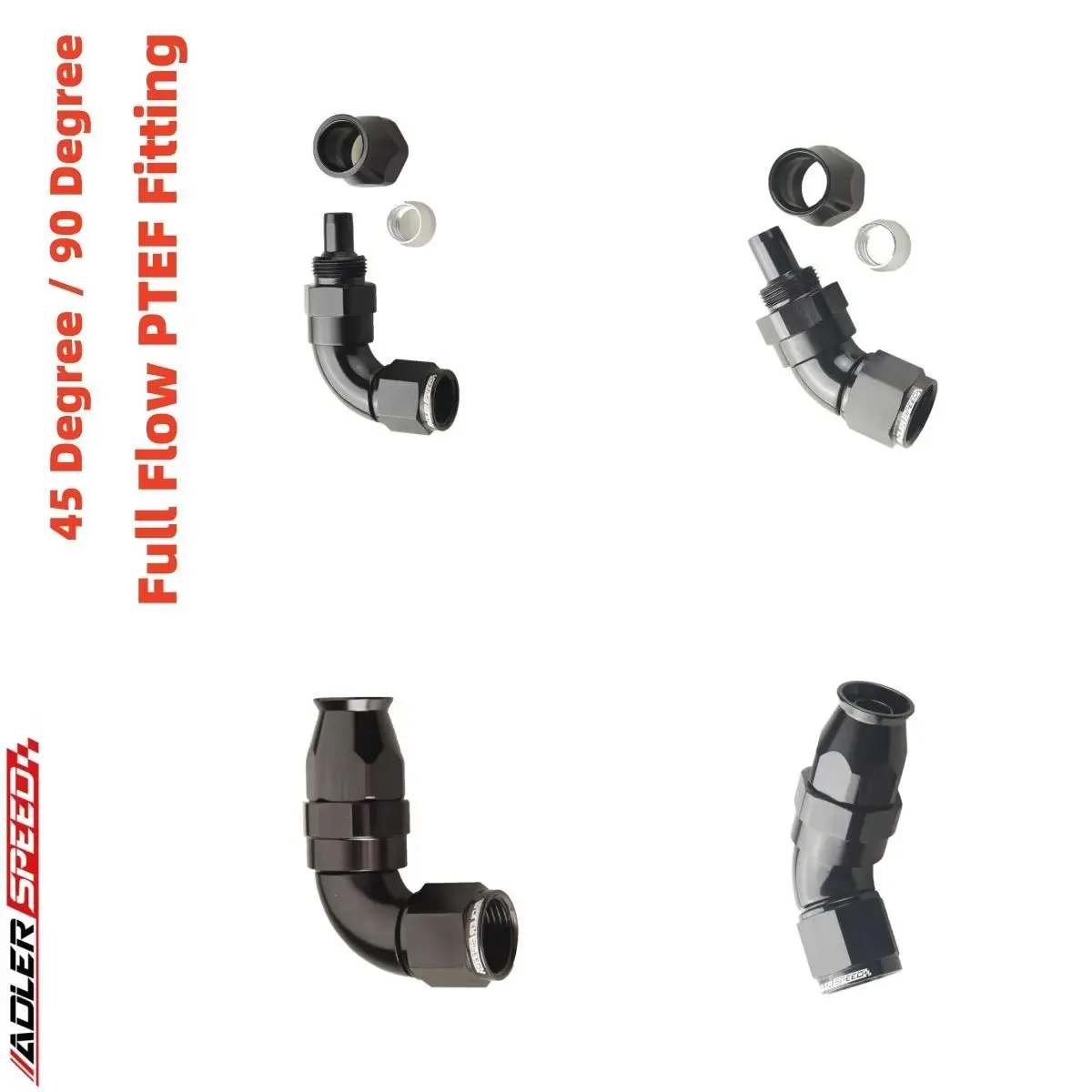

AN4 AN6 AN8 AN10 AN12 AN16 PTFE Full Flow Hose End Fitting Universal Aluminum Swivel PTFE Hose End Fitting 45 Degree / 90 Degree