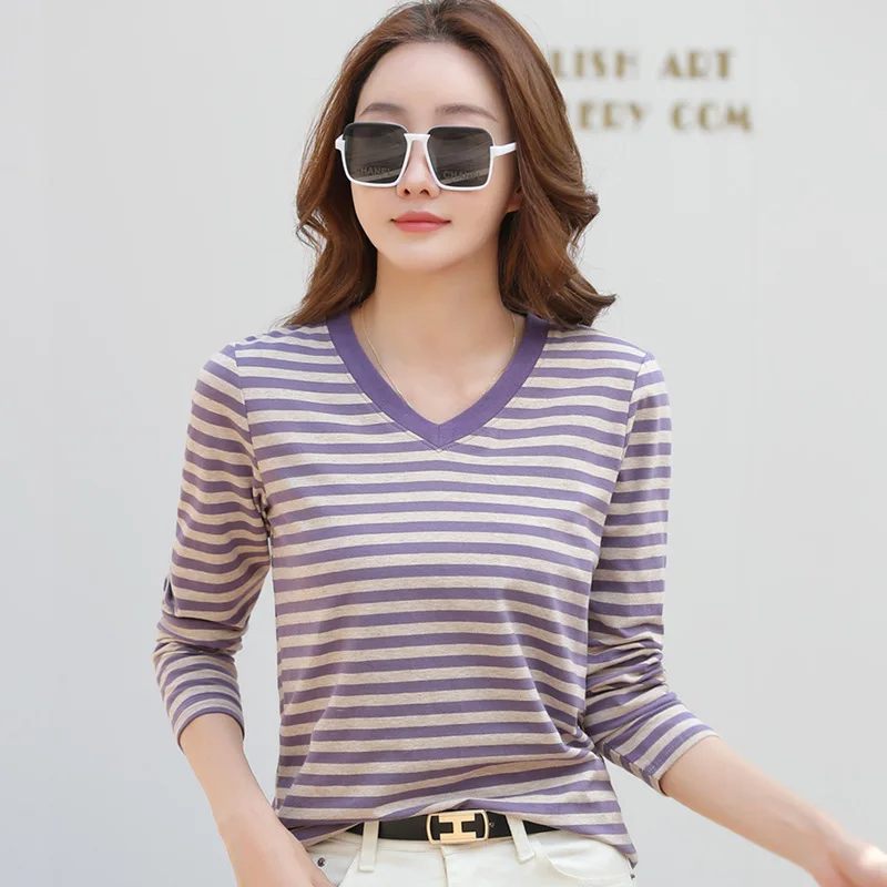 Striped Round Neck Long-Sleeved Women's T-Shirt Versatile Small Fresh Retro Bottoming Shirt T-Shirt Top Tide