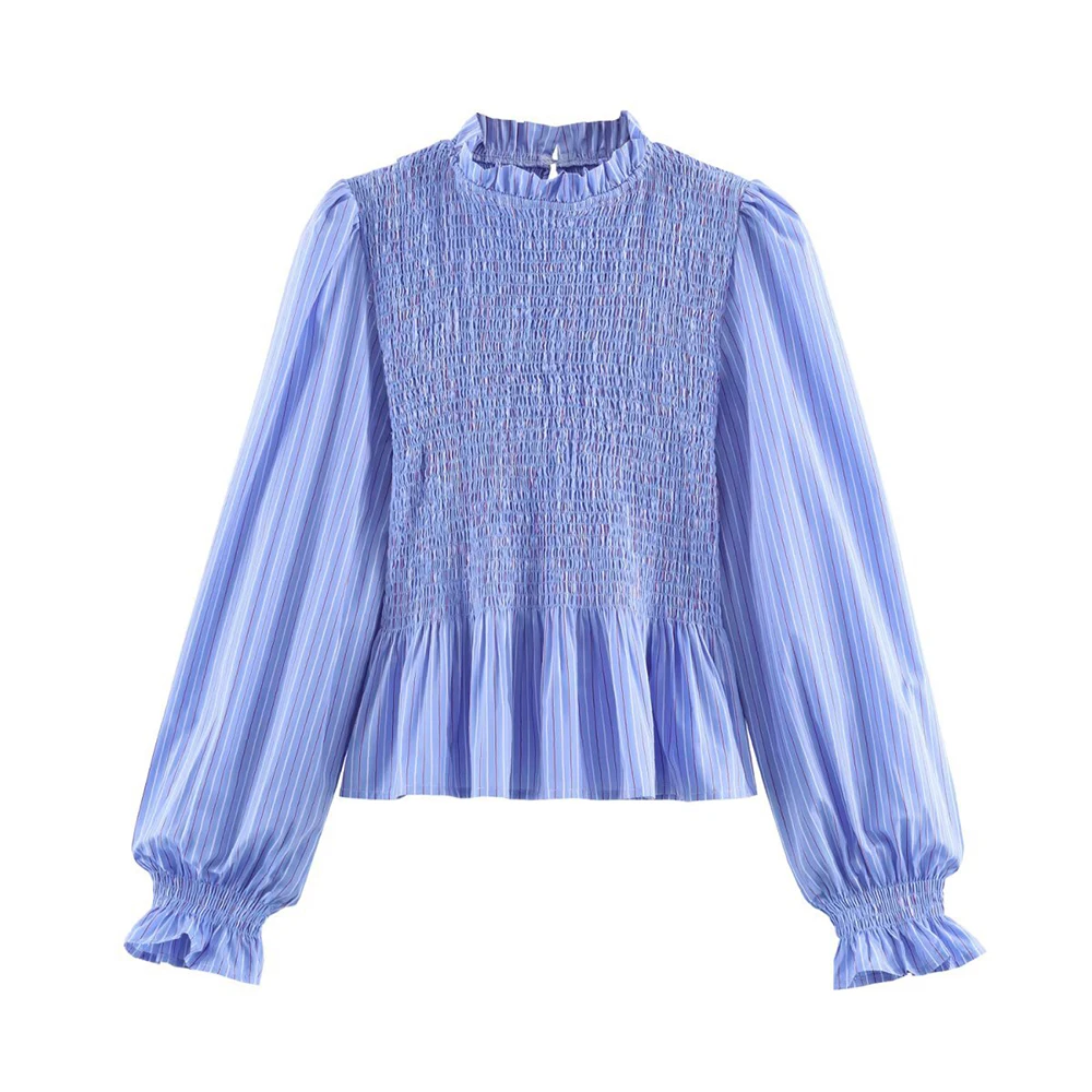 

Casual Striped Ruffled Blouse Women High Neck Long Sleeve Tops Elastic Pleated Design Pullover Shirts 2026 New Spring Lady Shirt