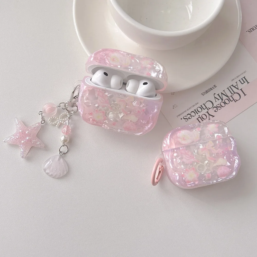Korea Cute Pink Shell Texture Flower Pattern Wave Earphone Case for AirPods 1 2 3 4 Pro 2 3 Cover With Luxury Pearl Star Pendant - view 5