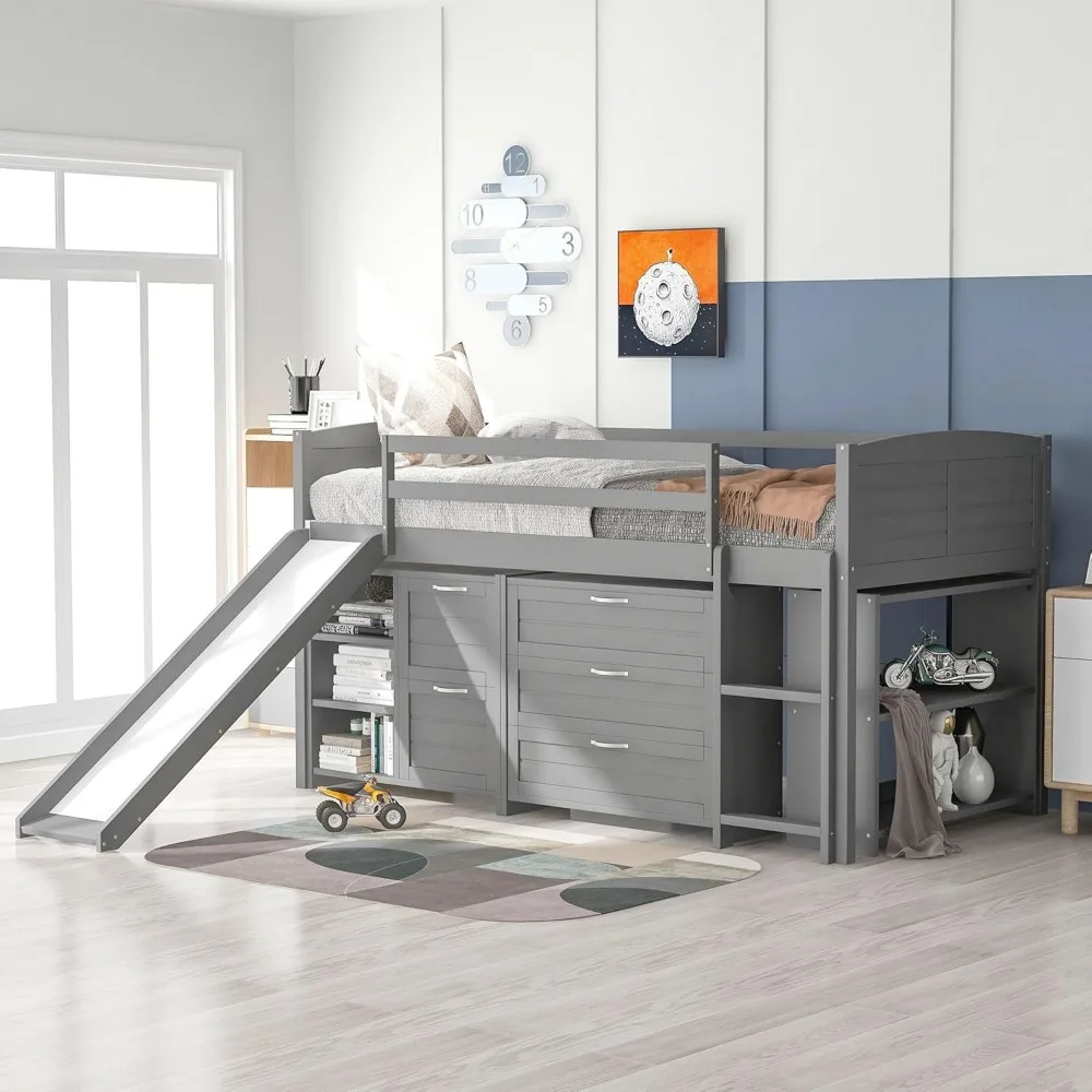 

Low Twin Size Loft Bed for Kids with Cabinets, Shelves, and Slide - Gray, Space-Saving Design and Fun Features
