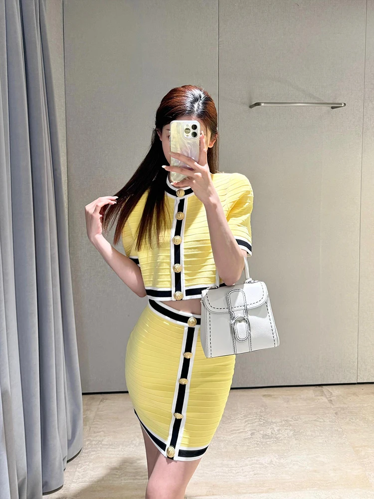 

Ice Sensation Knitted Set Summer New Sle Yellow f Skirt ort Sve Two Piece Suite Polyester Fiber round Ne Button C...