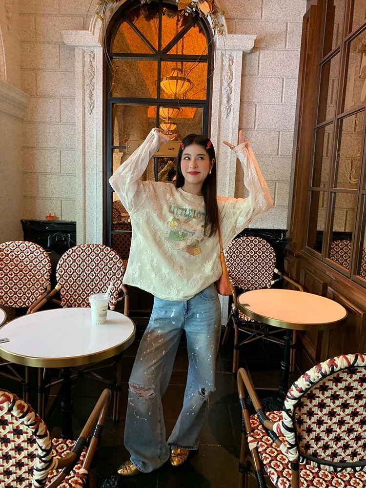 

Белая вышитая кружевная длинная свободная футболка Sve, женская модная дизайнерская весенне-осенняя женская одежда премиум-класса, круглая Ne