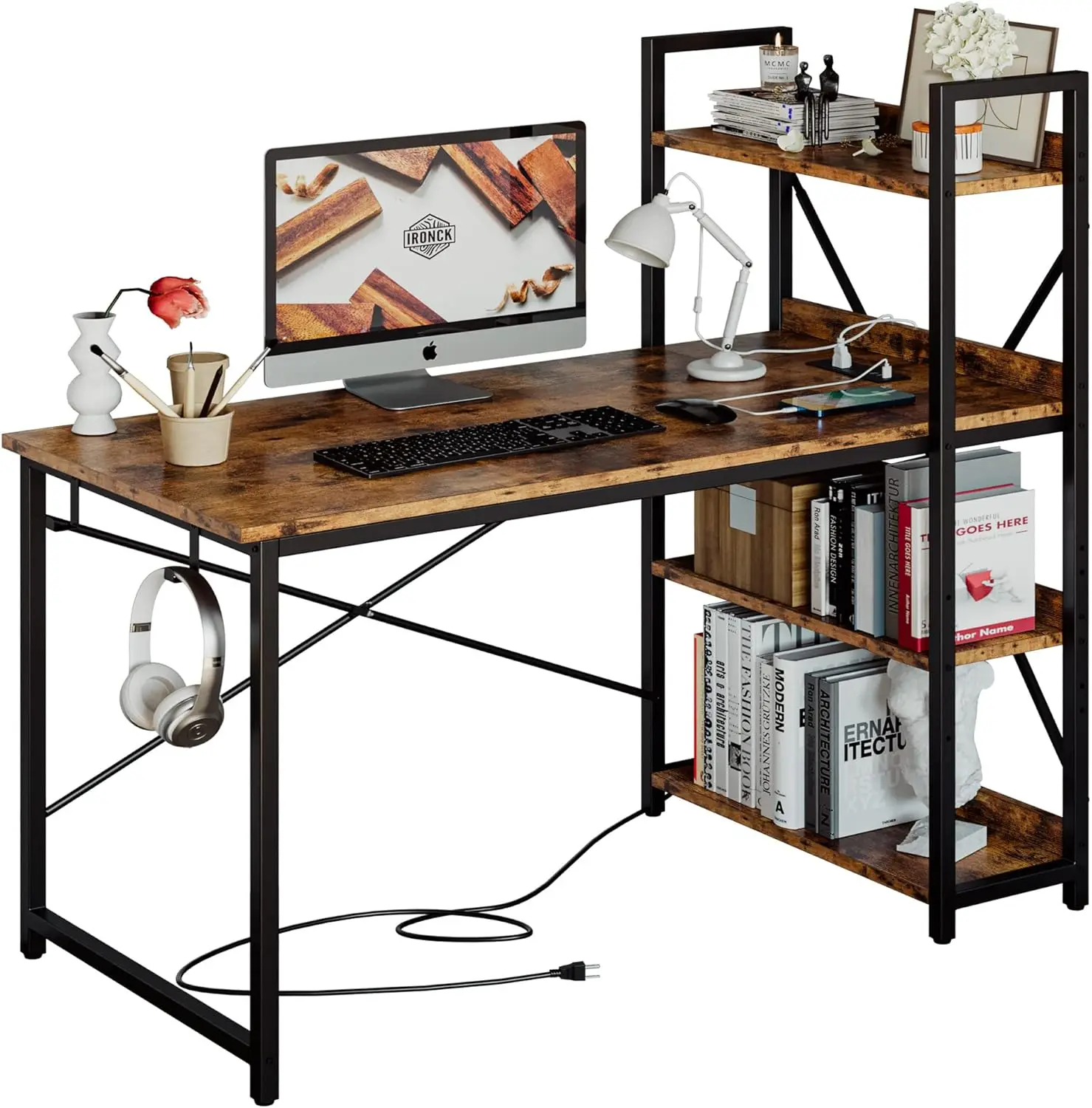 

Computer Desk 47" with Power Outlet and Storage Shelves, Study Writing Table with USB Ports Charging Station,PC Desk Workstation