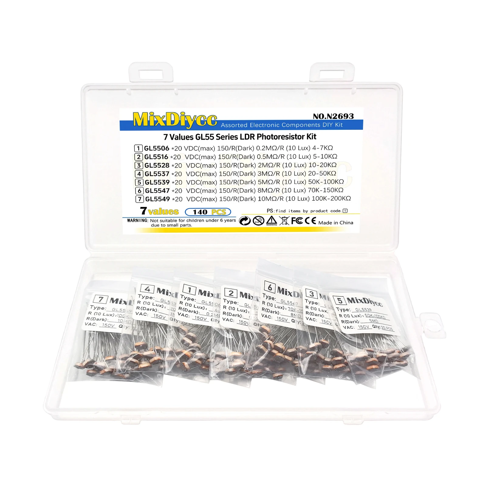 7 Values Photoresistor Kit GL5506 GL5516 GL5537 GL5528 GL5539 GL5547 GL5549 Light Dependent Resistor LDR Total 140 Pcs