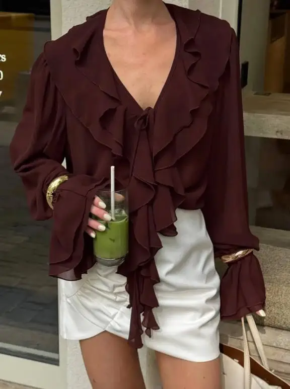 

Дизайн осенней женской одежды с рюшами по краям, V-образным вырезом, длинными рукавами, модная женская рубашка во французском стиле