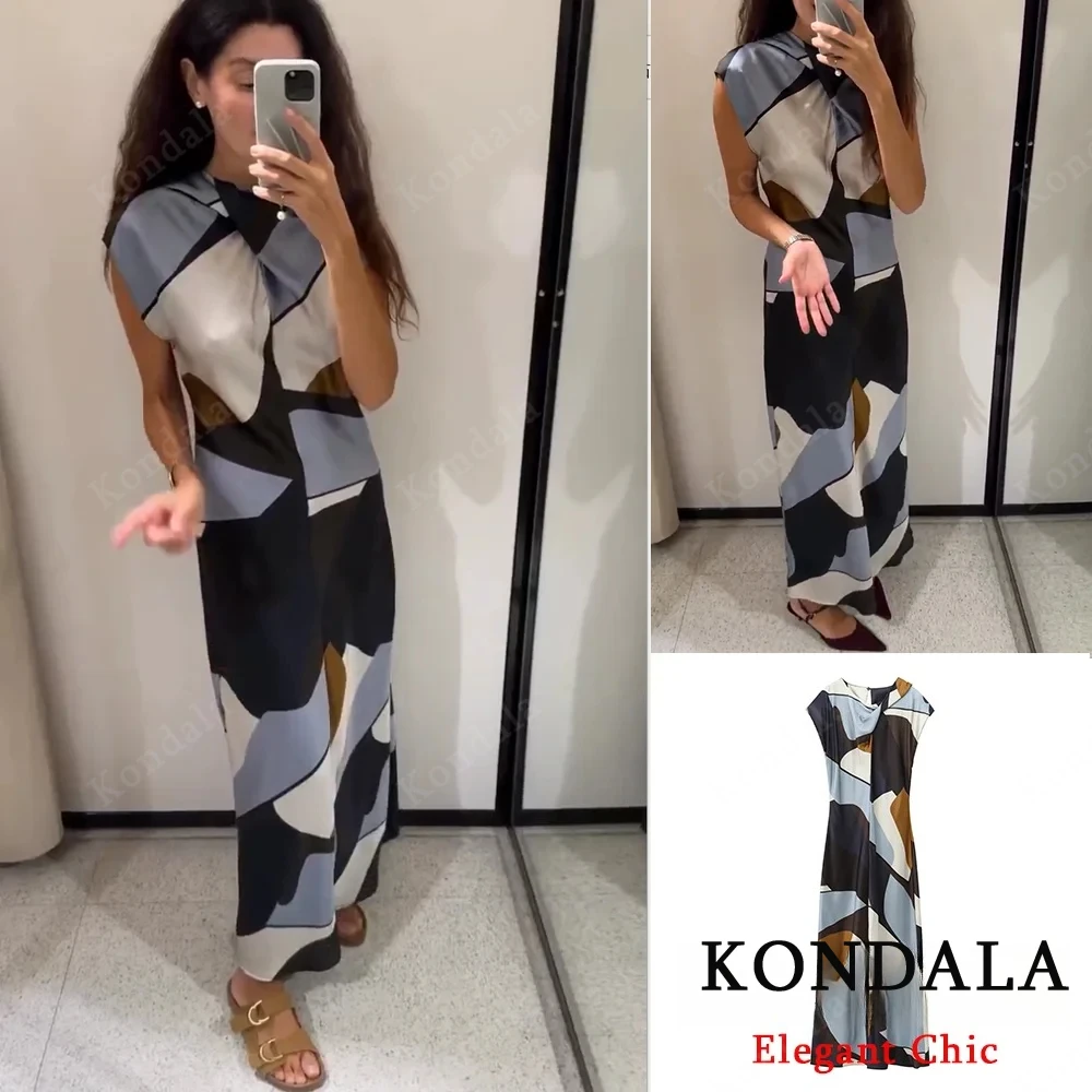 KONDALA mujeres otoño Vintage satén asimetría impresiones Maxi vestido nuevo 2025 Primavera Verano moda fiesta vacaciones fecha viajero vestido