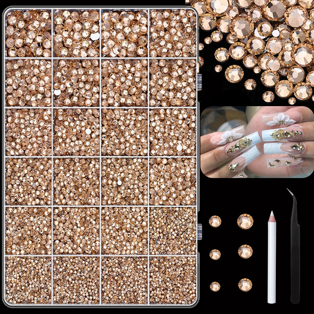 1860 pieces of resin rhinestones, with tweezers and crayon champagne 3-6mm mixed size, used for handmade DIY crafts, nail art