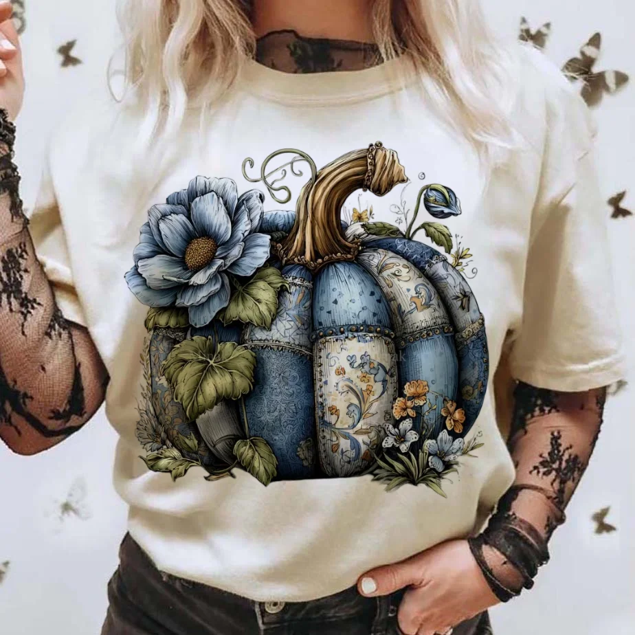 

Halloween Printed Blue Flower Pumpkin Pattern Women's Top T-Shirt Round Neck Style Cute Women's Regular Harajuku Street T-Shirt