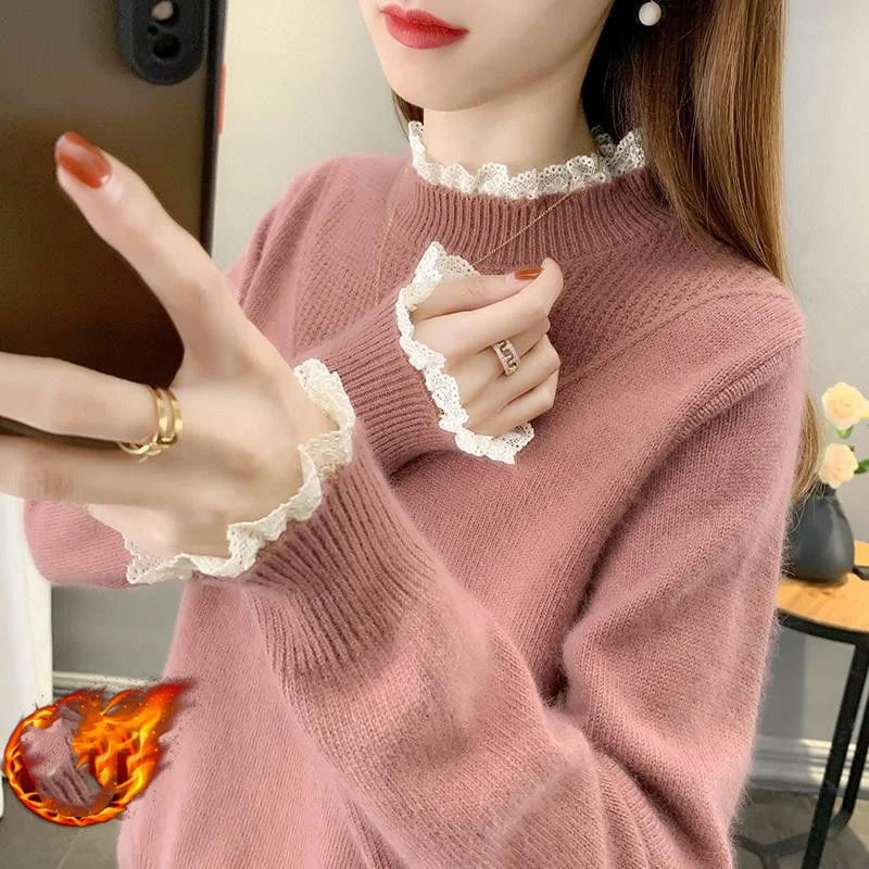 Autumn Winter New Women\'s Adding Velvet and Thickening Sweaters Fashion Half High Collar Lace Loose Knitted Long Sleeve Tops