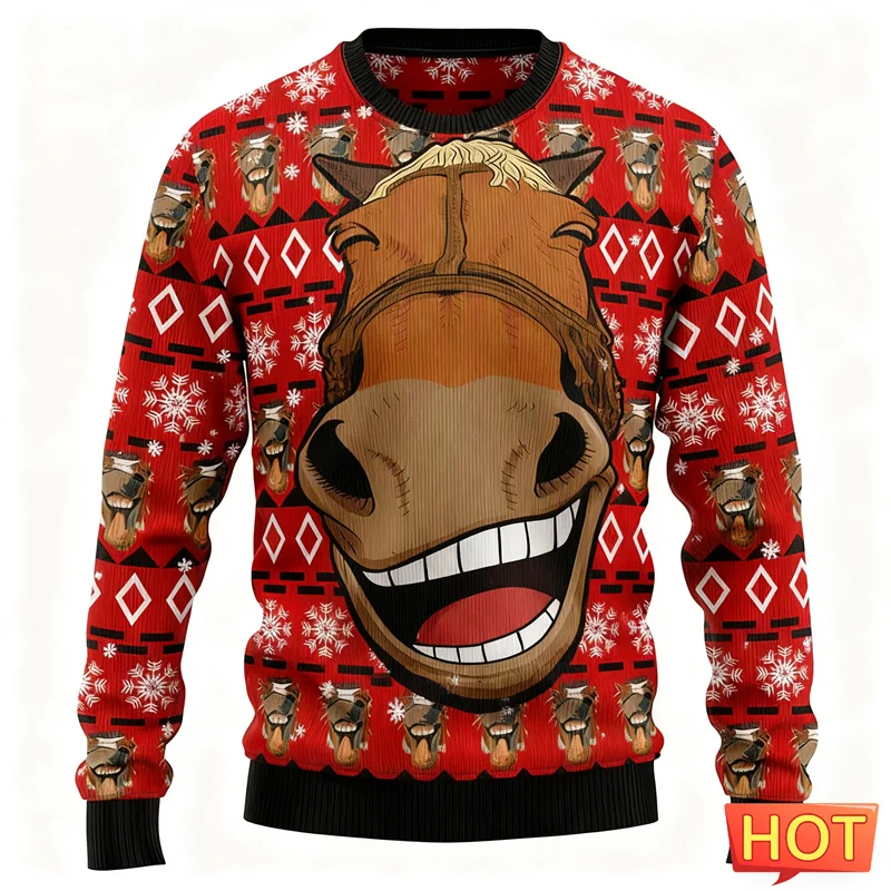 2026 Nieuwe Grappige Paard Gezicht Grafische Lelijke Kerst Hoodies Mode Ronde Hals 3D Gedrukt Kerst Sweatshirts Casual Oversized Trui