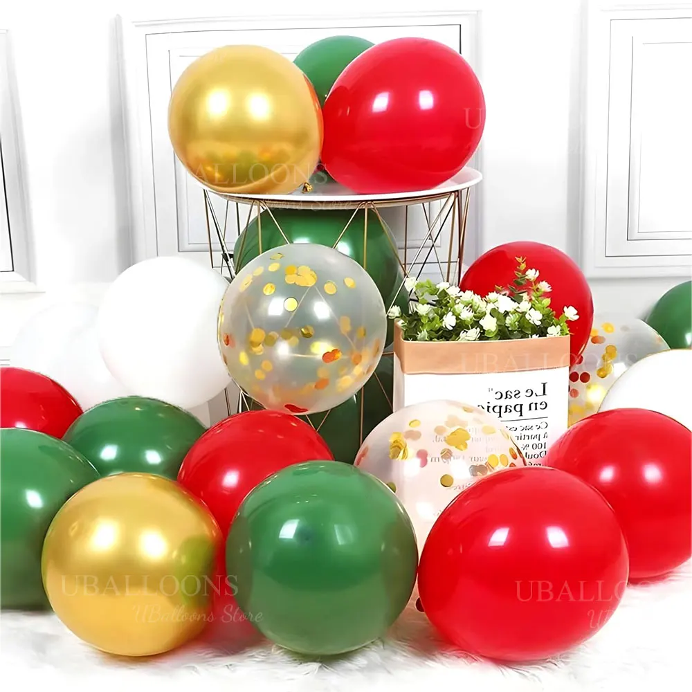 45pcs Green Red Gold Balloons Set 10 Inch Metallic Gold Confetti Latex Balloons for Christmas Birthday New Year Xmas Party Decor