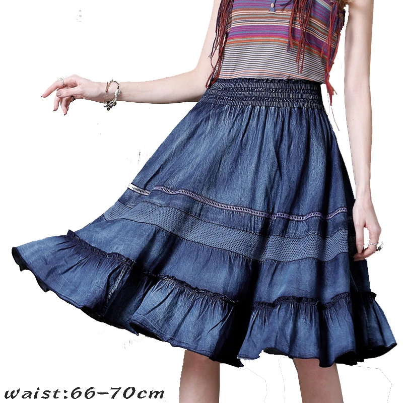 High quality denim vintage midi skirt for women elastic waist ruffles stitching big swing new 2024 lady retro clothing - blue