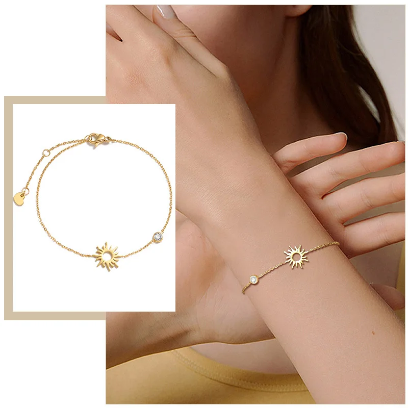 Women Chain Bracelets, Sun Moon Star Heart Geometric Triangle Charms Bracelet, Adjustable Gold Color Stainless Steel Jewelry