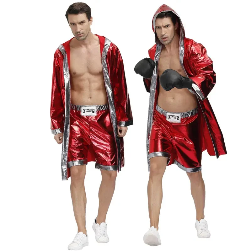 Mens Red Boxer Costume Hooded Cloak Robe Crop with Shorts Movie Boxing Robe Clothes Halloween Cosplay Training Uniform for Male