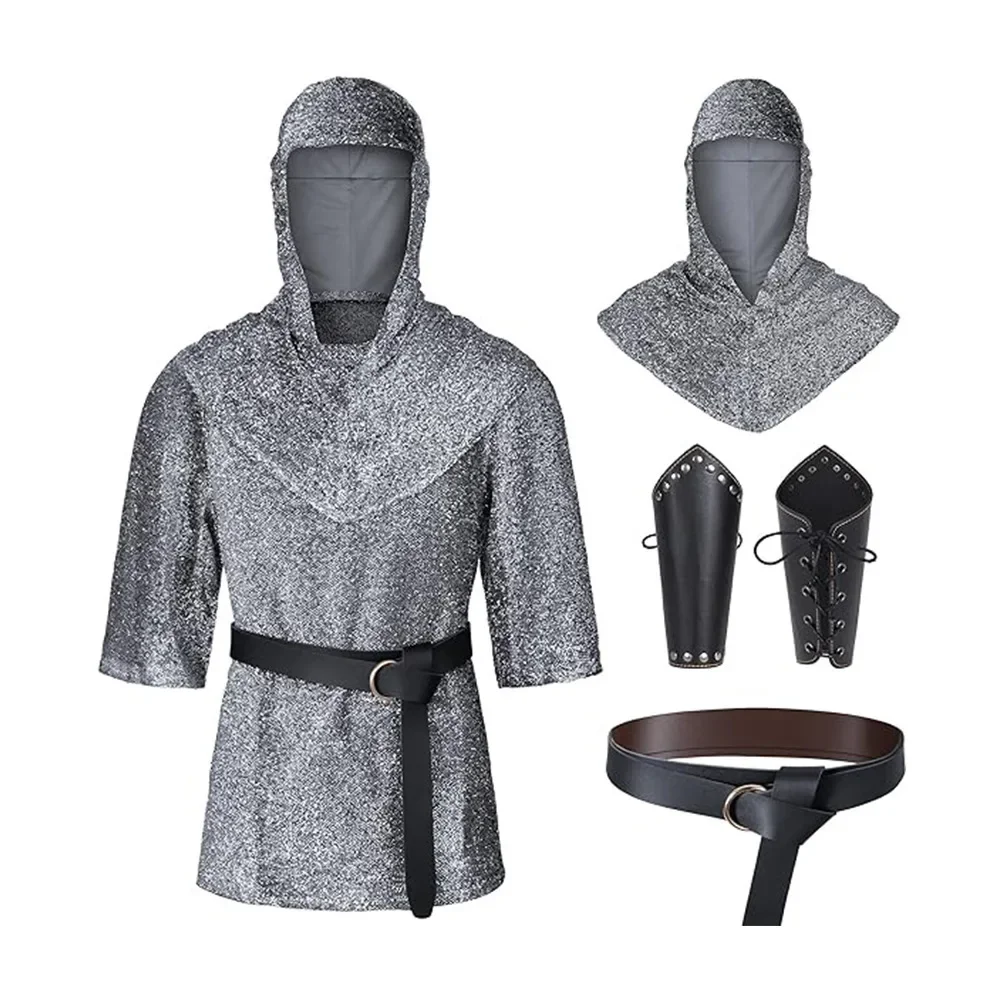 Renaissance Faux Chain Mail Armor Tunic Shirt Coif Medieval Knight Cowl Crusader Costume outfit Bracers Waist Belt Set