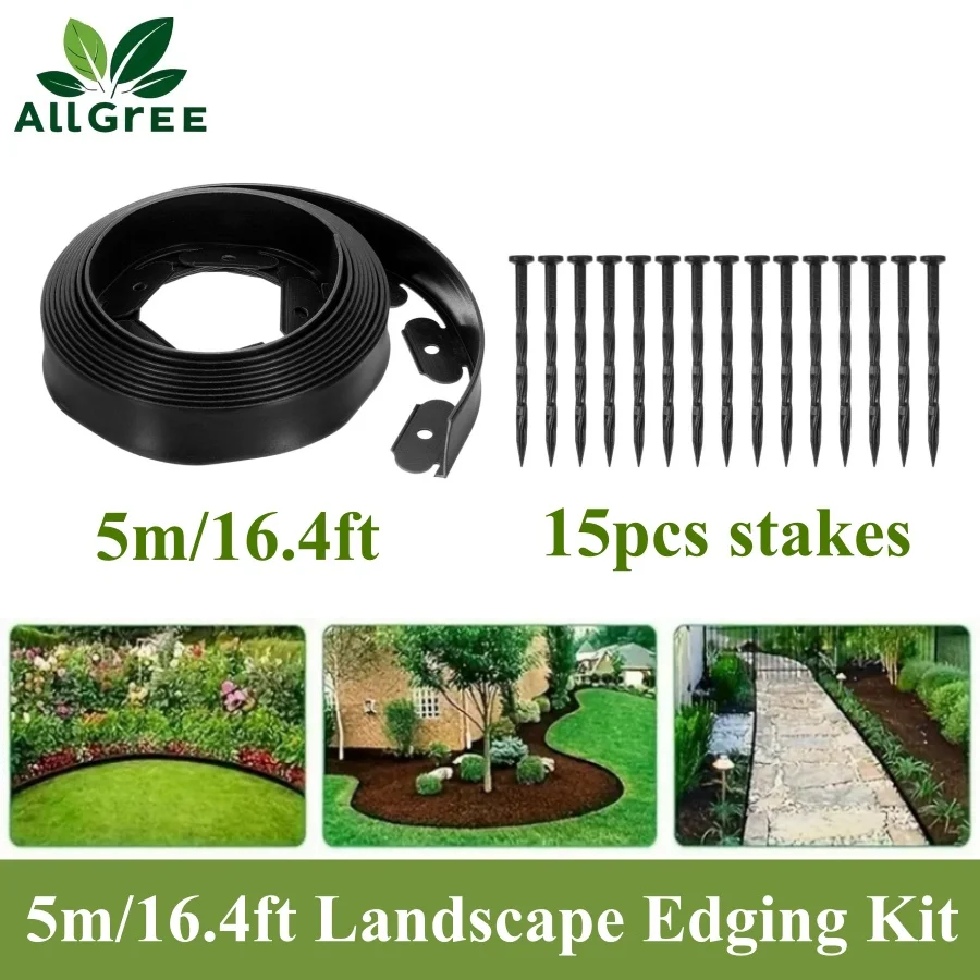 5m/16.4ft Plastic Landscape Edging With 15 Anchoring Spikes Fixed Garden Barrier Lawn Grass Edging Border Landscape Easy Install