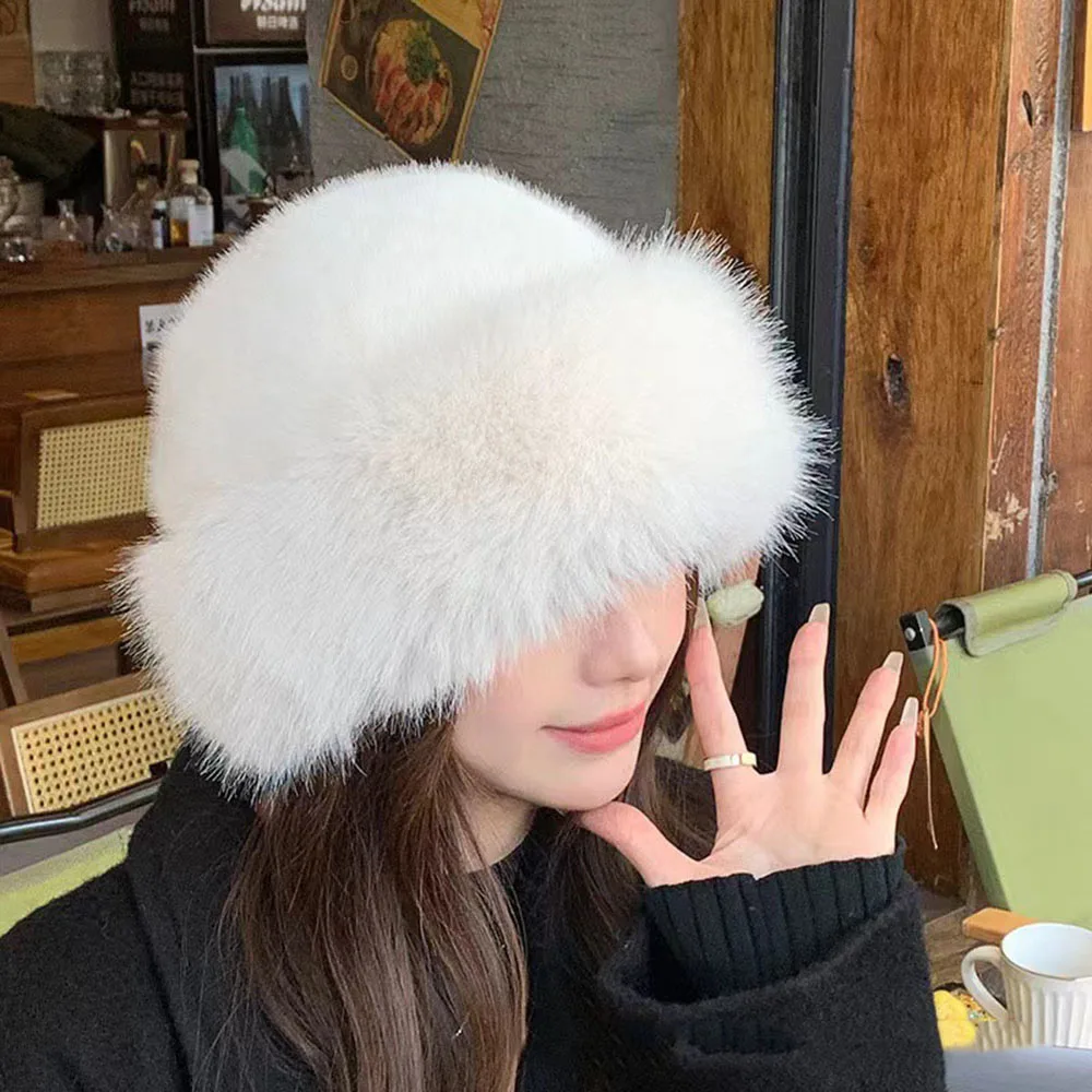 Winter Plush Hat Women Thickened Warm Bucket Hats For Women Men Simple Imitation Fur Ear Protection Cap Windproof Fisherman Cap