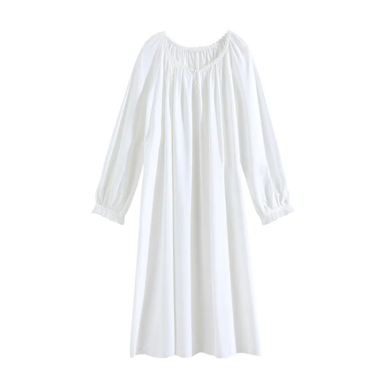 Women Autumn Full Sleeves Cotton Sleepwear Simple Round Neck Plus Size Nightdress Long Mid-Calf Loose Nightie Casual Home Dress