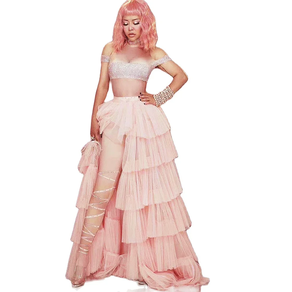 Shining Diamonds Strakke Stretch Mesh Netto Vrouwen Body Roze Rok Tweedelige Set Verjaardagsfeestje Outfit Zanger Dans Stadium Slijtage
