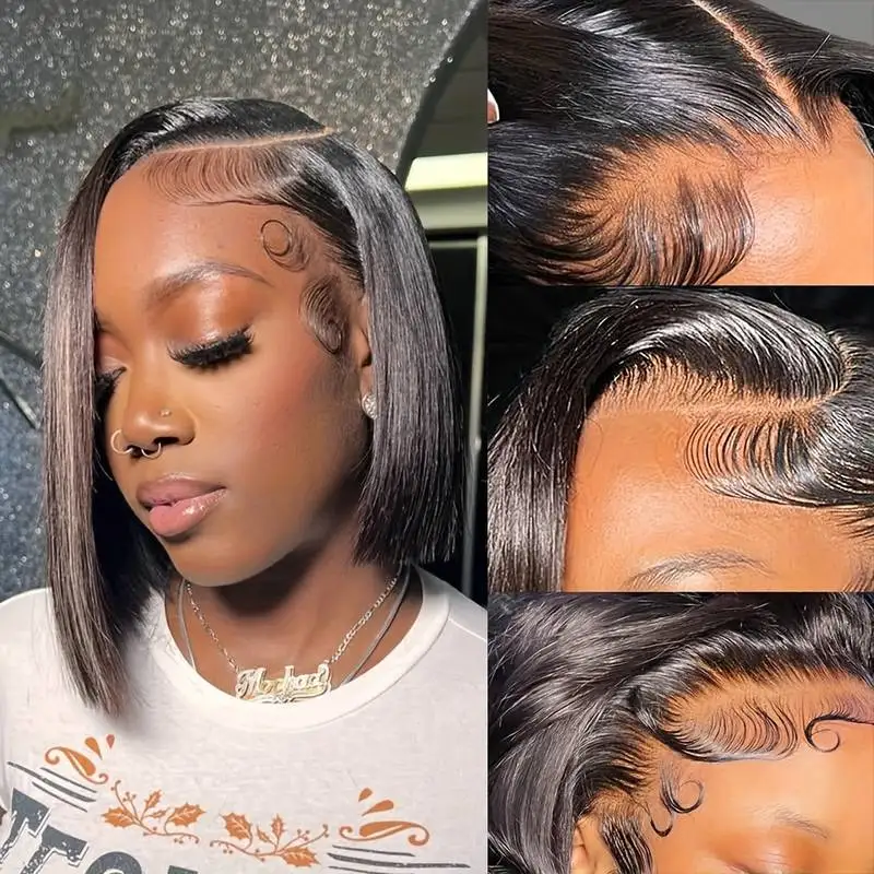 ストレートボブ接着剤不要人毛ウィッグ 4x4 HDレースフロント人毛ウィッグ 密度220 プレカットウィッグ 女性用