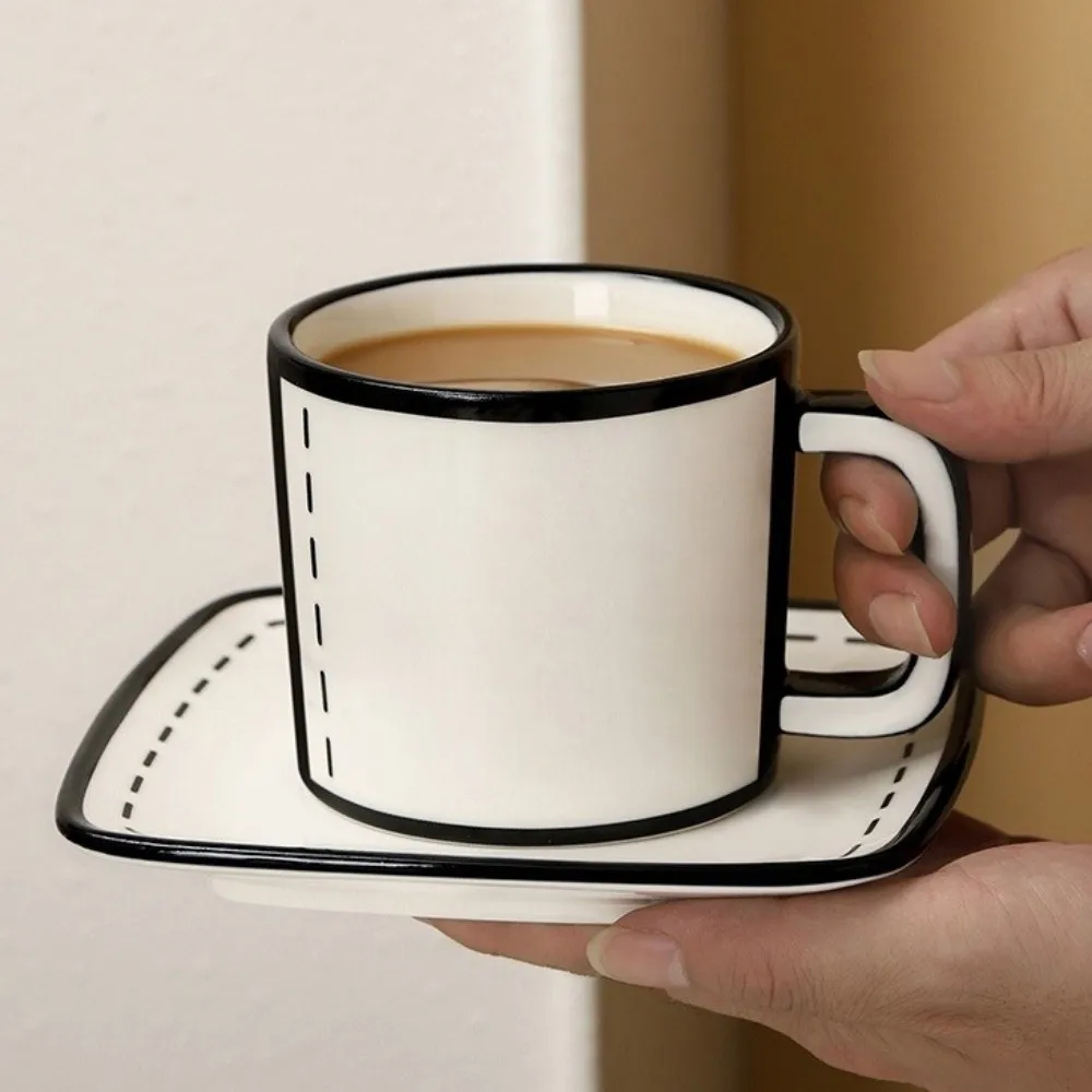Ceramic Comic Mug Black Rim Outline Large Capacity Anime Water Drink Cup with Saucer Comic Style Cartoon Coffee Cup Offices