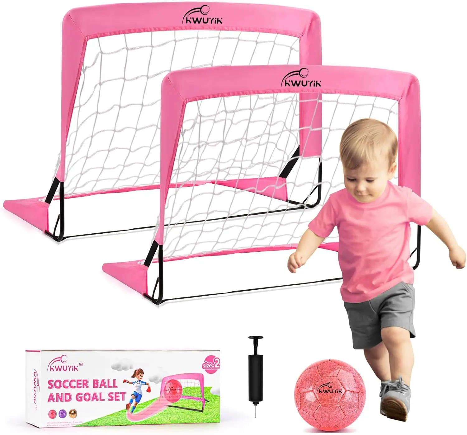 

Pink Purple Soccer Goals Set with 2 Nets, Ball & Pump for Kids Indoor Play