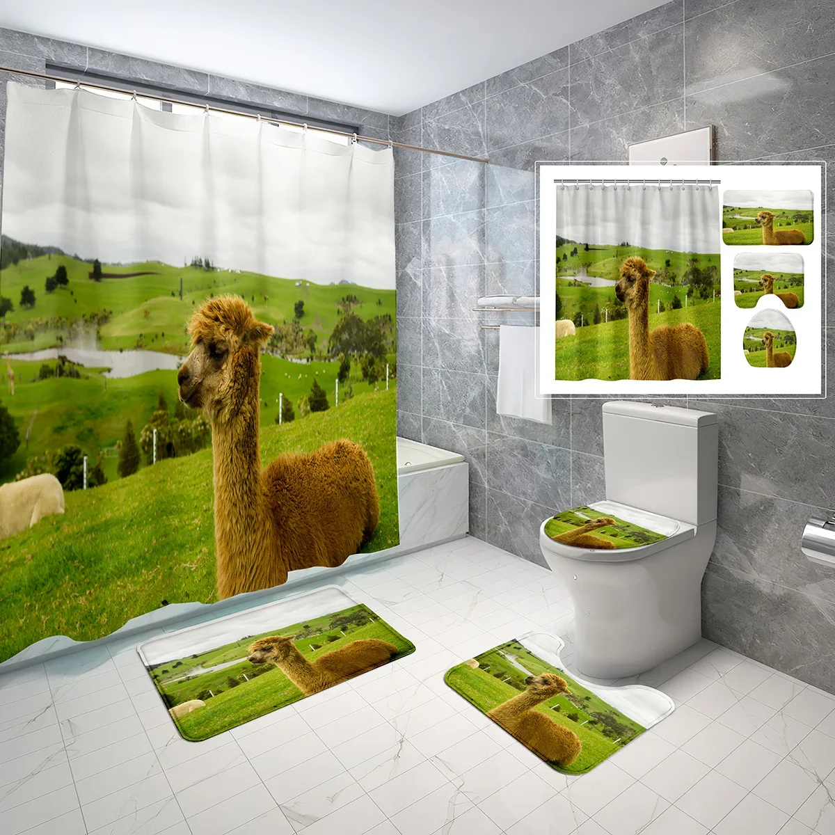 

Alpaca Shower Curtain Set 4 Pcs Green Grasslands Funny White Animal Non-slip Bath Mat Toilet Lid Waterproof Shower Curtain Set