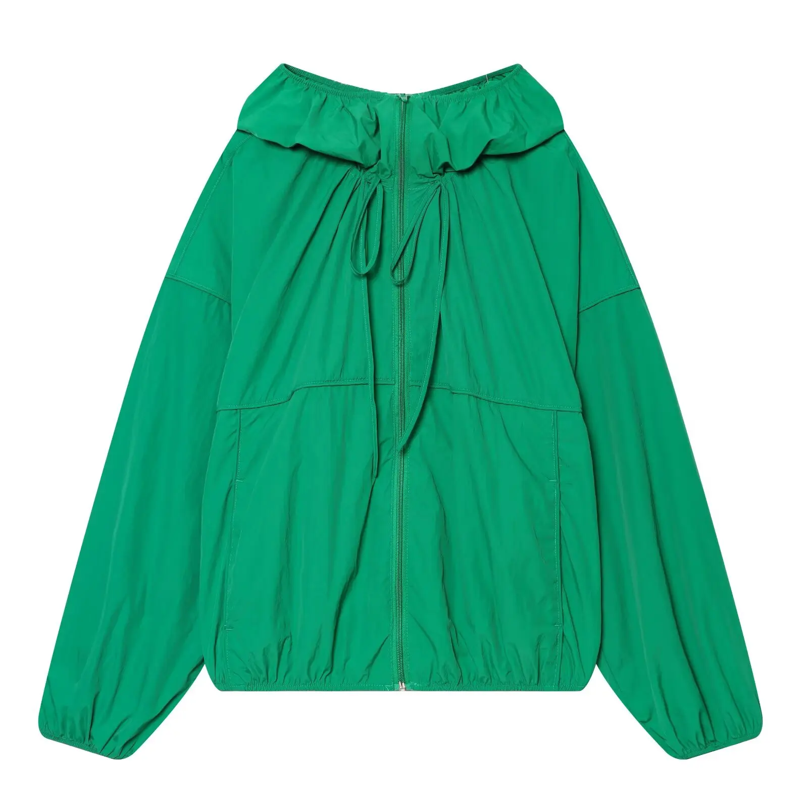 Women's Hooded Jacket 2026 Autumn New Fashion Zipper Drawstring Waist Loose Long Sleeve Cropped Windbreaker