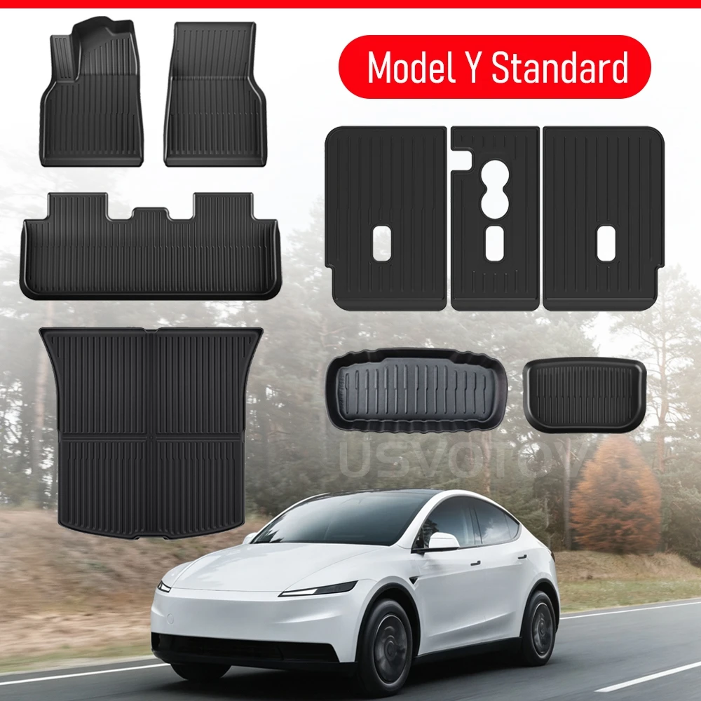 Tapis de sol pour Tesla Model Y 2025 2026 – Tapis de coffre standard, tapis de protection de coffre avant, tapis de dossier et accessoires (modèles standard uniquement)