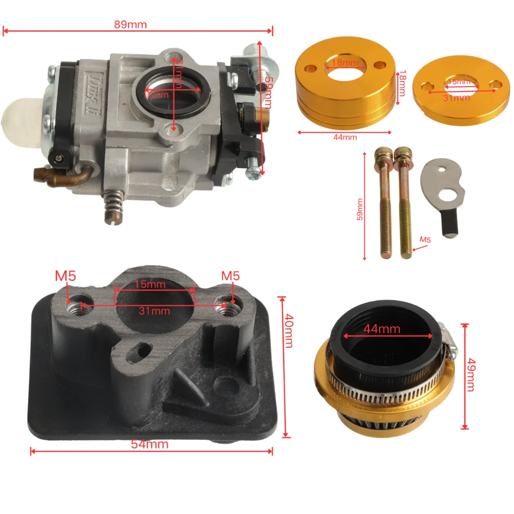 15mm Carburetor +44mm Air Filter + Alloy Stack Kit For 2 Stroke 33cc 43cc 49cc Engine Parts Gas Scooter Goped EVO Replacement view 2