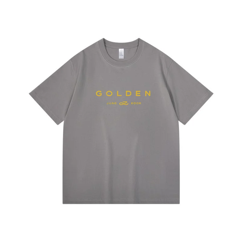 JungKook Gold Short sleeved Men\'s Aesthetic Standing by Your Side Short sleeved Cotton Album Letter Print Gold Short sleeved