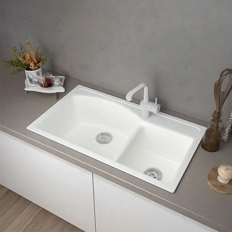White Double Slot Vegetable Sink Kitchen Household Dishwasher Under Counter Hand Washing Basin Thickened SMC Wear Resistant