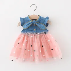 Summer Girls' Dress Girls' Denim Small Fly Sleeves Spliced With Star Mesh All Over Cute And Sweet Dress